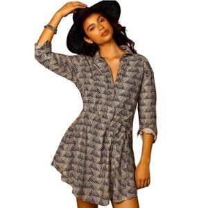 Anthropologie Black White Geometric Linen Long Sleeve Collared Mini Dress Small